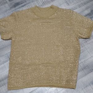 Norton McNaughton Gold Metallic Short Sleeve Sweater Mock Neck Small